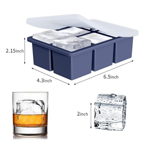 Image of Ice Cube Molds with Lid,Big Silicone Ice Cube Tray for Whiskey,2Inch Square Ice Cube Tray,Easy-Release Ice Mold,Giant Ice Cubes for Bourbon Cocktail (2, Navy Blue)