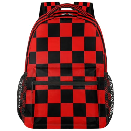 Black Red Checkered Travel Backpack for Women Men Large Capacity Hiking Backpack Lightweight Carry On Laptop Backpacks for Gym Work Camping