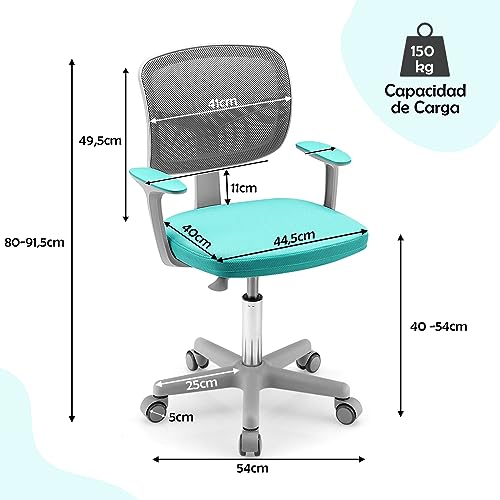 COSTWAY Silla Escritorio Infantil, Silla Juvenil para Escritorio, Silla para Niños con Altura Regulable, Silla Giratoria de Red para Niños 3-10 años, para Casa Escuela (Turquesa) - imagen 3