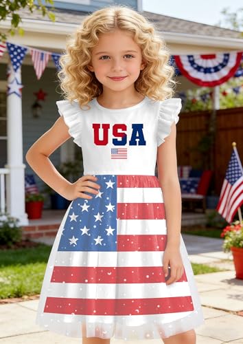 Image of Girls 4th of July Dress American Patriotic Outfit USA Independence Day Clothes Flutter Sleeve Tulle Tutu Dress 5-14y