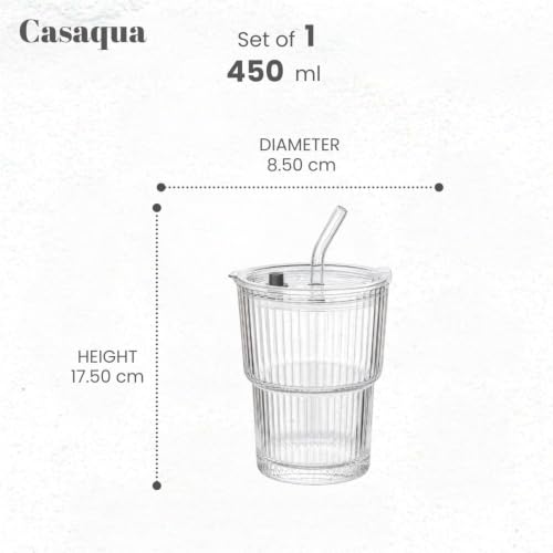Image of Ribbed Glass Cups with Lids and Straw - 450ml, Set of 1, Iced Coffee Cups, Thickened Glassware Set, Ripple Design Glass Cups for Coffee, Soda, Smoothies, Cocktails and Juice