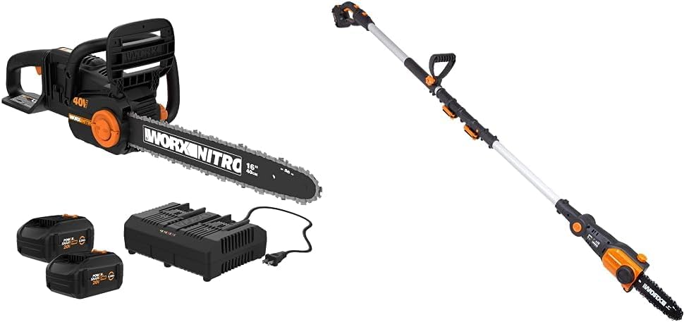 Worx Nitro 40V 16" Cordless Chainsaw Power Share PRO with Brushless Motor - WG385 (Batteries & Charger Included) & WG349 20V Power Share 8" Pole Saw with Auto Tension