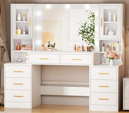 BEWISHOME Grande Tocador de Maquillaje con Luces LED, Brillo Ajustable, Tocador con Espejo y 8 Cajones, Mesa de Maquillaje Moderno con 8 Compartimentos para el Dormitorio, Color Blanco EFST37W