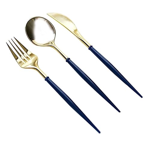 24 Gold Royal Blue Disposable Plastic Cutlery Spoon Fork and