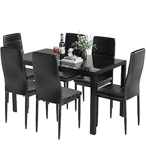 DKLGG 7-Piece Dining Table Set for 6, Glass Dining Room Table with 6 PU Leather Chairs, Modern Kitchen Table Set, Saving Space Dining Set for Dinette, Small Space, Black