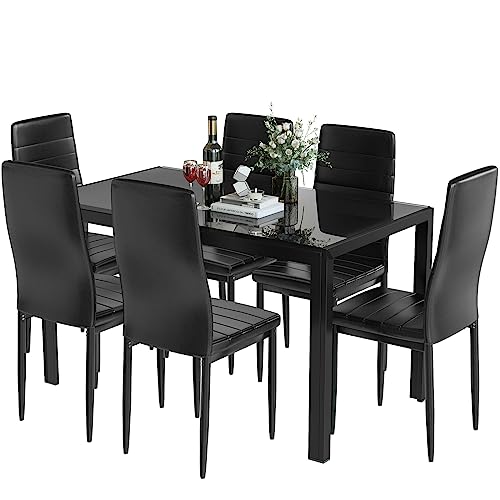 DKLGG 7-Piece Dining Table Set for 6, Glass Dining Room Table with 6 PU Leather Chairs, Modern Kitchen Table Set, Saving Space Dining Set for Dinette, Small Space, Black