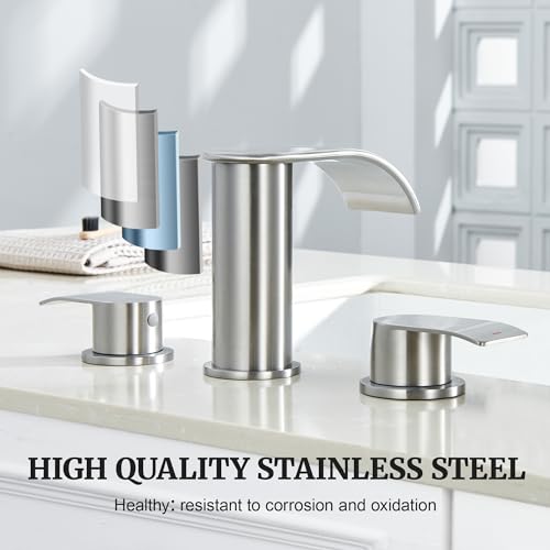 Ultimate Unicorn 8 inch Bathroom Faucet Brushed Nickel, Waterfall Bathroom Faucet with Metal Pop-up Sink Drain Stopper and 2 Supply Hoses,2 Handle Widespread Faucets for Vanity Sink 3 Holes by Ultimate Unicorn - Used condition - Image 4