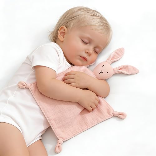 ZIGJOY Bunny Lovey Muslin Cotton Baby Security Blanket Soft Breathable Lovies for Babies Gifts for Newborn Infant Toddler Boys and Girls, Pink
