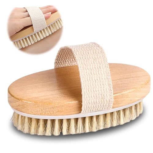 OUDQFCJ Brosse à Sec Naturelle avec Poils de Sanglier pour Peau et Corps, Exfoliation, Drainage Lymphatique, Réduction de Cellulite, Massage Profond, Renouvellement de la Peau et Détoxification