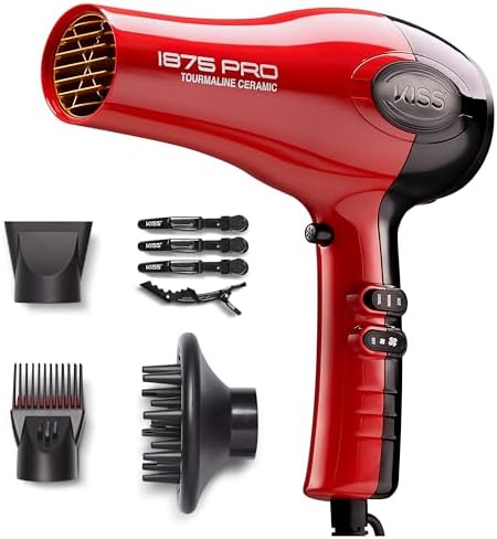 KISS 1875 Watt Pro Tourmaline Ceramic Hair Dryer, Styling Edition, 3 Heat Settings, 2 Speed Settings, Cool Shot Button, 7 Blow Dryer Accessories Included, 2-Year Warranty - Red