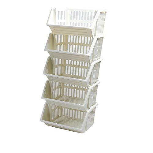 Large 5 Tier Stacking Baskets Storage Veg Rack Plastic Stackers, Black, Length 35.5 cm x Depth 30 cm x Height 17.5 cm (Cream)