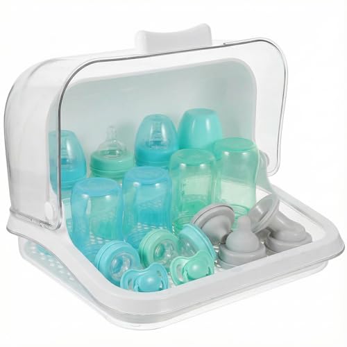 HEMOTON Baby Bottle Storage Box, Baby Bottle Drying Rack with Anti- dust Cover, Removable Holder Nursery Container for Pacifier Dish Cup Cutlery Daycare Home Countertop