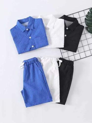 Image of Boys 6 Pieces Summer Beach Outfits Short Sleeve Button Down Shirts and Shorts Vacation Texture Sets for Kids