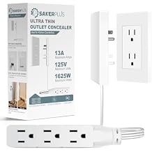 SakerPlus Outlet Concealer Power Strip | 5ft Flat Extension Cord | Ultra-Thin Outlet Cover Extension Cord with 3AC Outlets-,Universal Size,1625W for Kitchen, Home Improvement, Child & Pet Safe
