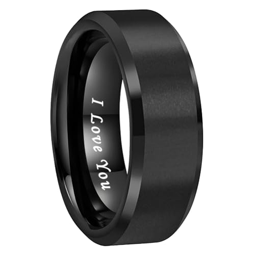 TUTISS 8mm Black Tungsten Rings for Men Women Couple Fashion Jewelry Engagement Wedding Bands Matte Beveled Edges I Love You Engraved Size 11.5