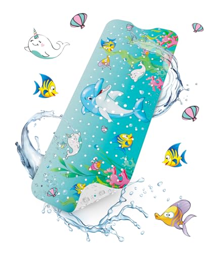 HITSLAM Tapis de Baignoire Antidérapant, Extra Long 101x40 cm pour Bébé, Tapis de Douche avec Ventouses et Trous de Drainage, Lavable en Machine, Dauphin