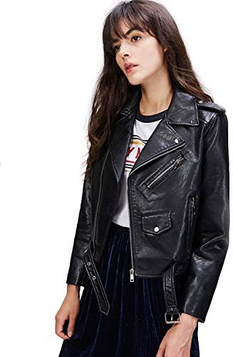 LY VAREY LIN Women's Faux Leather Motorcycle Jacket PU Slim Short Biker Coat (M, Black)