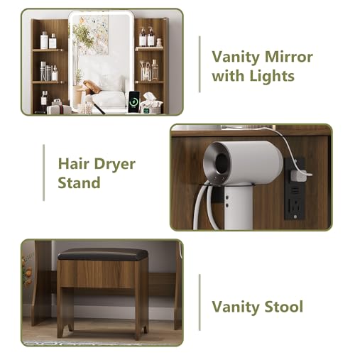 Image of Small Vanity Desk with Mirror and Lights, Makeup Vanity with LED Lights, Walnut Vanity Mirror with Lighted Desk and Chair, 3 Lighting Adjustable Compact Dressing Table with Mirror for Women, Girls