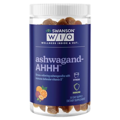Swanson WIO™ ashwagand-Ahhh™ Adaptogen Stress Support, Vitamin D, Immune, Passionfruit, Ashwagandha 300mg, Vegan, Non-GMO, Gluten-Free, Mental Wellness - 12 oz Bottle, 60 Gummies (30-Day Supply)