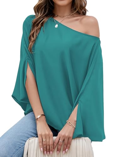 VIMPUNEC Womens Off The Shoulder Flowy Tops Casual Batwing Sleeves Blouses Loose Chiffon Shirts Teal XXL
