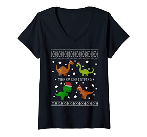 Femme Pull de Noël laid dinosaure cadeau de Noël drôle adultes T-Shirt avec Col en V