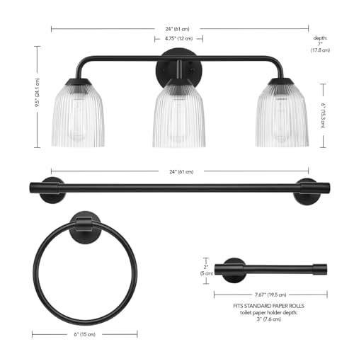Image of Globe Electric 4-Piece All-in-One Bathroom Set, Matte Black, 3-Light Vanity Light with Ribbed Glass Shades, Towel Bar, Toilet Paper Holder, Towel Ring