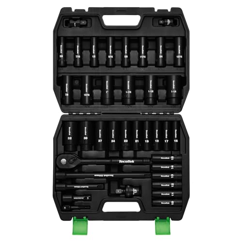 Image of TecoTek 1 /2 inch Drive Deep Impact Socket Set, 38-Piece Socket Set SAE 3 /8 to 1-1 /4 inch and Metric 10-32mm Size, Includes Extension Bars, Universal Joint, Adapter and Ratchet Handle, 6 Point, Cr-V Steel