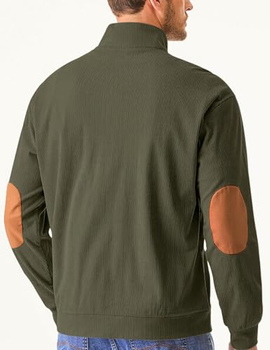 COZYPOIN Men's Corduroy Sweatshirts Casual Stand Collar Button Long Sleeve Henley Pullover Sweater with Elbow Patches(ArmyGreen-M)3