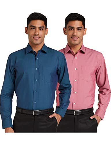 Image of Men's Solid Cotton Blend Formal Shirt with Pocket | Plain Design with Spread Collar & Full Sleeves - Regular Fit (Pack of 2)
