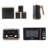 Salter Toronto 7-Piece Countertop Set - Kitchen Set with 20L Digital Microwave, 1.7L Kettle, 4-Slice Toaster, Tea, Coffee & Sugar Canisters, and Bread Bin, Black/Wooden Accents