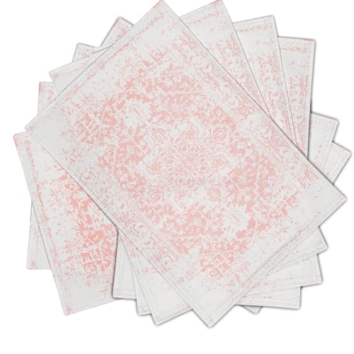 Image of Gray Pink Boho Placemats Set of 6 Ethnic Bohemian Carpet Place Mats Washable Kitchen Dining Vintage Grey Geography Floral Linen Table Mats Stain Heat-Resistant for Home Party Indoor 12x18 in