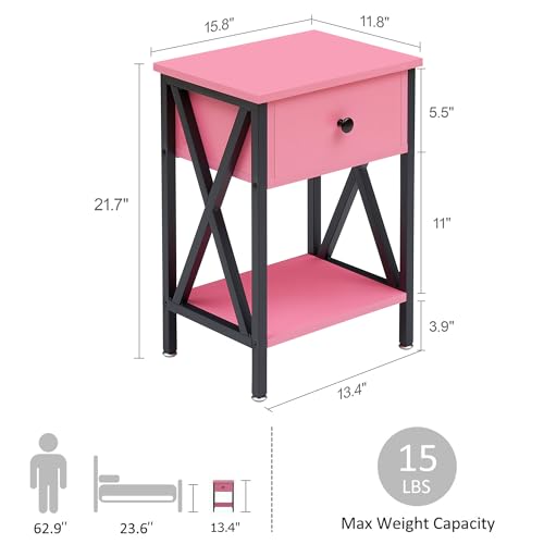 Image of VECELO Nightstands, Modern Bedside End Tables Set of 2, Night Stand with Drawer and Storage Shelf for Living Room Bedroom, Industrial Metal Frame