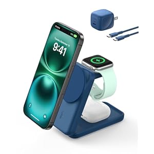 Belkin MagSafe Charger Compatible, 3-in-1 Charging Station, Qi2.2 25W Magnetic Wireless Charger Dock, Foldable Charging Stand for iPhone 17/16/15, Apple Watch, AirPods, Pixel 10 (45W Adapter Included)