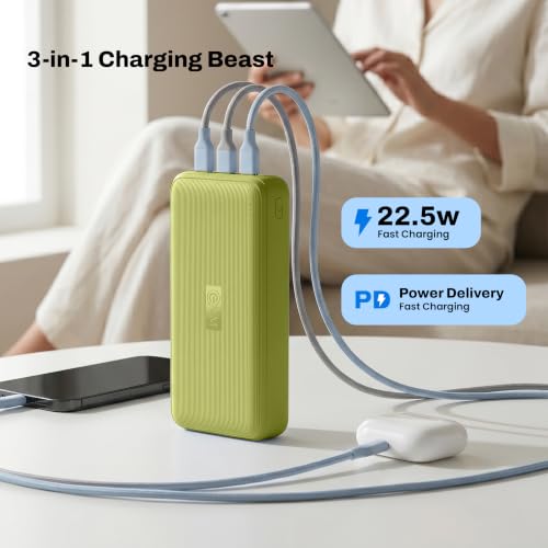 Image of EVM EnConnect Plus 20000mAh Power Bank | 22.5 W Fast Charging | Built-in Type-C & Lightning Cables | USB-A & Type-C Output | Android, Pocket Size | 2 Year Warranty(EVM-P0506-Olive Green)
