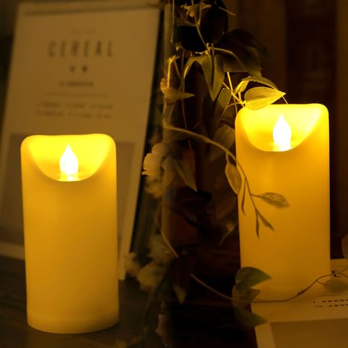 Image of CANDLE CHOICE Outdoor Battery Operated Flameless Candles with Remote Timer Waterproof Flickering Plastic Electric LED Pillar Lights for Lantern Patio Garden Wedding Party Decorations 3x5 Inches 2 Pack