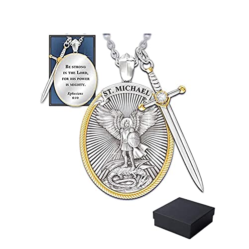 Frenaki Archange St. Michael Catholique Patron Acier Pendentif Collier, Divine Sword Senhield Protection Viking Collier Bijoux, Prière Pendentif Collier, Croix Épée Ange Gardien Amulette (A) Cover