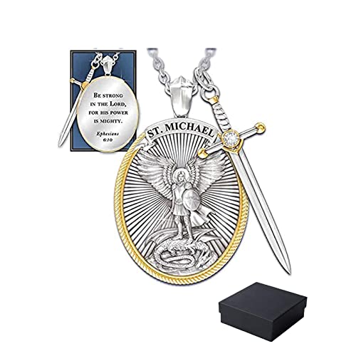 Frenaki Archange St. Michael Catholique Patron Acier Pendentif Collier, Divine Sword Senhield Protection Viking Collier Bijoux, Prière Pendentif Collier, Croix Épée Ange Gardien Amulette (A)