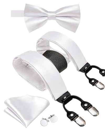 Image of Hi-Tie Men Suspender Bowtie Set Suspenders Pre-tied Bow Tie Pocket Square Cufflinks Adjustable Y Shape 6 Clips Braces Tuxedo