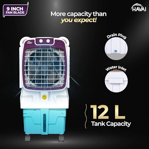 Image of HAVAI Arizona 9 Mini Personal Air Cooler | India's First 9-Inch Blade Cooler | 2600 RPM | 5 Ft Air Throw | 3-Side Honeycomb | 12L Tank Capacity | Motorised Louvers | 80W | Ideal for 50 Sq Ft