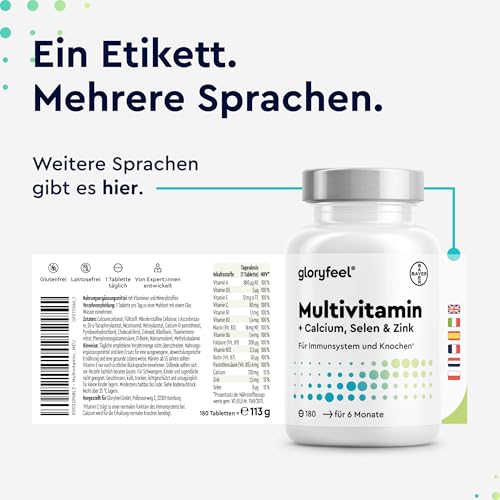 Multivitamin Tabletten - wertvolle Mineralstoffe & alle A-Z Nährstoffe im Komplex - Halbjahresvorrat - 180 kleine, leicht zu schluckende Tabletten - Immun-Support* - 100% laborgeprüft