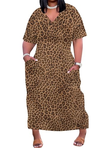 Image of SUZONANA Plus Size Denim Print Maxi Dresses for Women Casual V Neck Short Sleeve with Pockets Soft Jean Look Dress XL-6XL