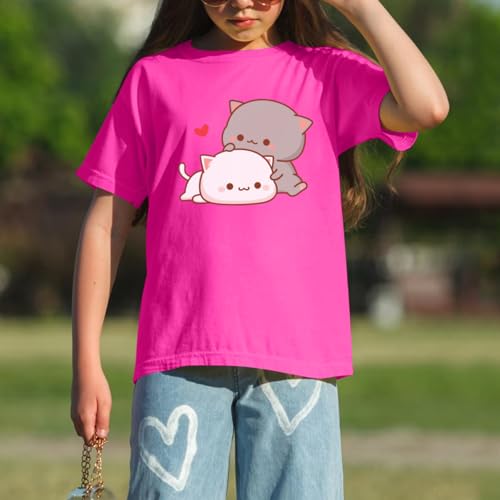 Image of KEEVICI Cute Cat Shirts for Girls Graphic Tees Kids Kawaii Cartoon Animal Print T Shirt Summer Cotton Short Sleeve Tops