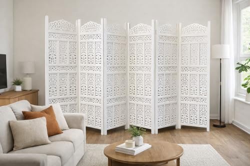 Image of Home & Goods International Wooden Room Divider Partition - Foldable Screen Separator for Living Room, Bedroom, Office, Restaurant || Kangra Badrun Design, White (6 Panel)