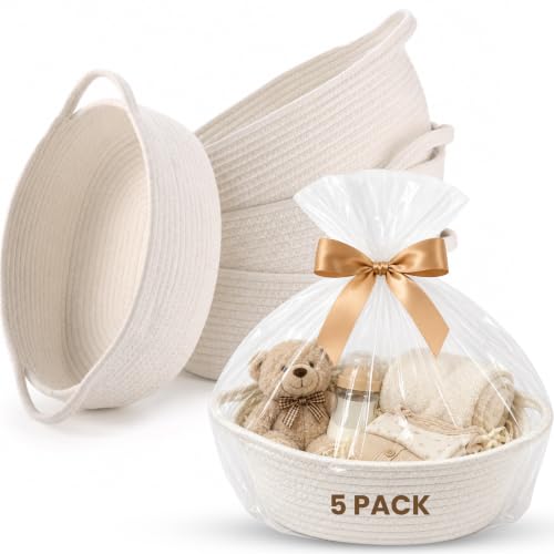 Image of 5 Packs Gift Baskets Empty, Small Woven Basket for Gifts,5 Bag & 15 Ribbons