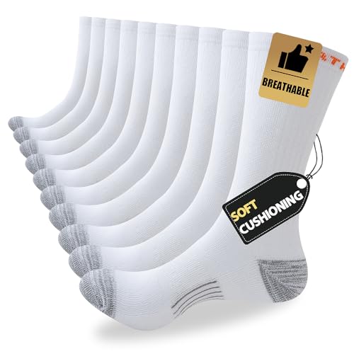 JOYNE 5 Pairs Mens Lightweight Athletic Crew Cushioned Breathable Work High Calf Long Boot Socks White Sock Size:10-13