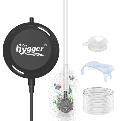 hygger Air Pump Aquarium Silent, Fish Tank Air Pump 1.5W, ≤33 dB, Powerful Single Outlet Aquarium Aerator, 420ml/Min, Air Bubbler for Fish Tank up to 40 L, with Air Stone Tube Suction Cup Hanging Hook