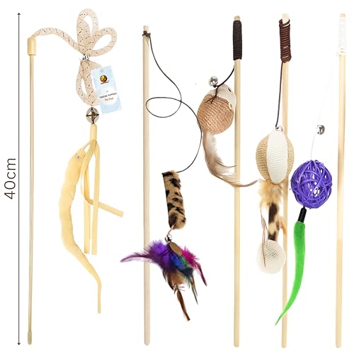 Image of Foodie Puppies 5 Pcs Cat Teaser Stick Toy Gift Combo for Cats & Kittens - (Woolly, Stripe, Rattle, Ball, Mouse Bell) | Interactive Play with Natural Feather Wooden /Plastic Wand Teasing Stick (40cm)