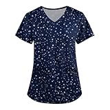 DNKZWUPUP Scrub Tops for Women Plus Size Stretch V Neck Short Sleeve Nursing Cute Print Scrub Shirts Lightweight Medical Uniform with Pockets Uniformes Medicos Mujer Navy 2XL