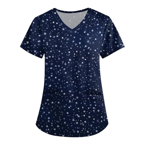 DNKZWUPUP Scrub Tops for Women Plus Size Stretch V Neck Short Sleeve Nursing Cute Print Scrub Shirts Lightweight Medical Uniform with Pockets Uniformes Medicos Mujer Navy 2XL