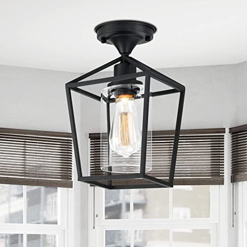 Melovom Clear Glass Semi Flush Mount Ceiling Light, Black Industrial Ceiling Light Fixtures, Industrial Vintage Ceiling Light Fixture For Hallway, Porch, Dining Room, Kitchen #TOP4